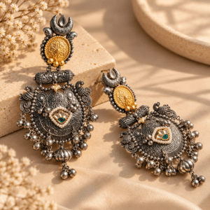 Oxidised Silver & Gold Jhumka Earrings