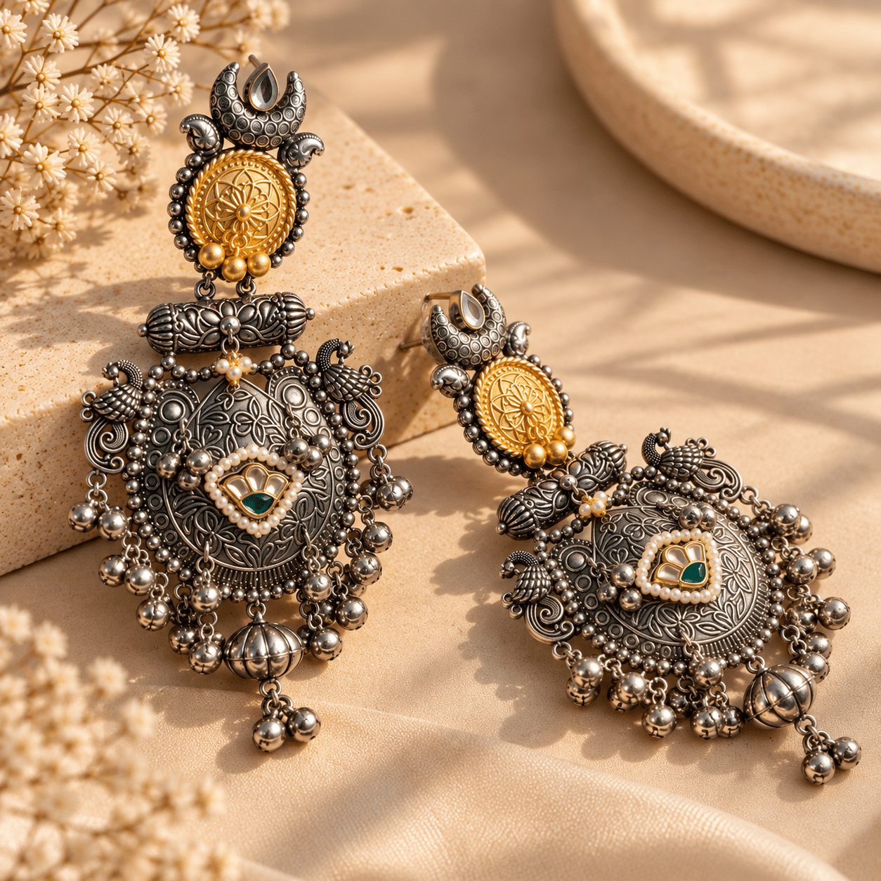 Oxidised Silver & Gold Jhumka Earrings