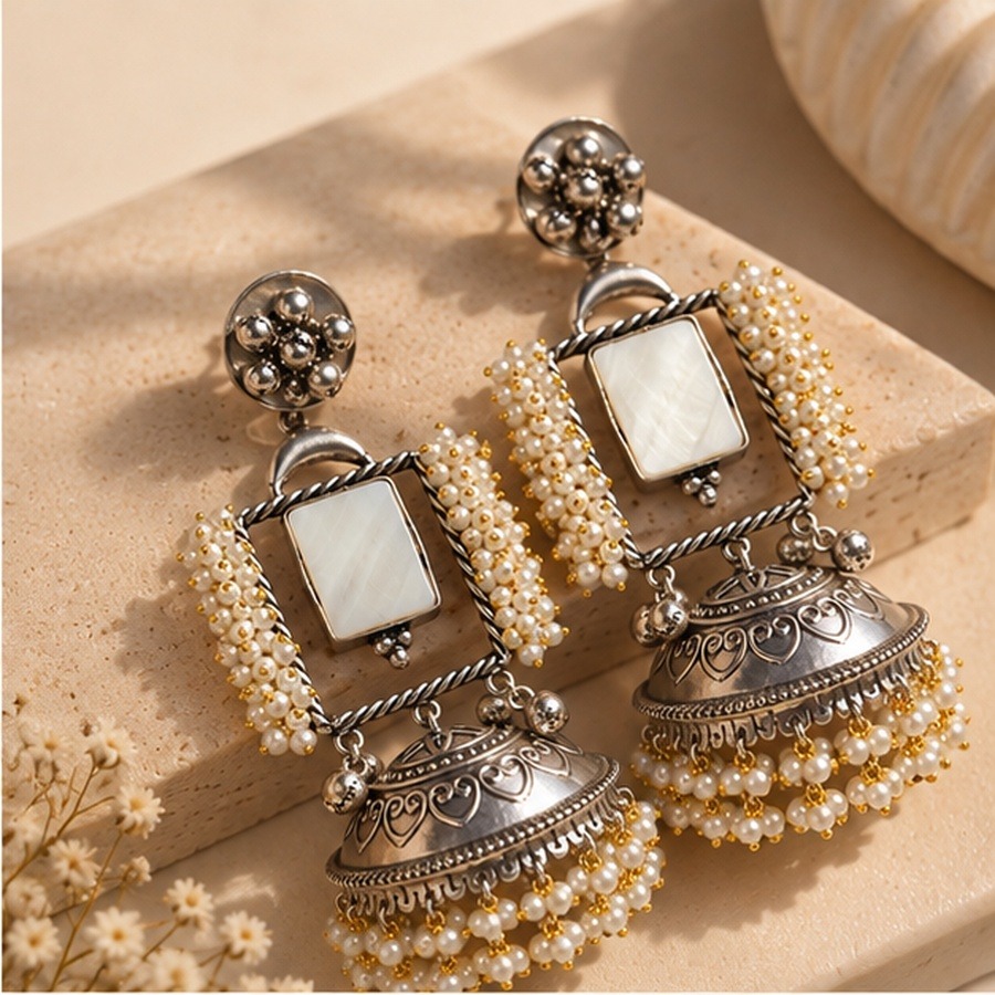 Oxidised Silver Jhumka Earrings